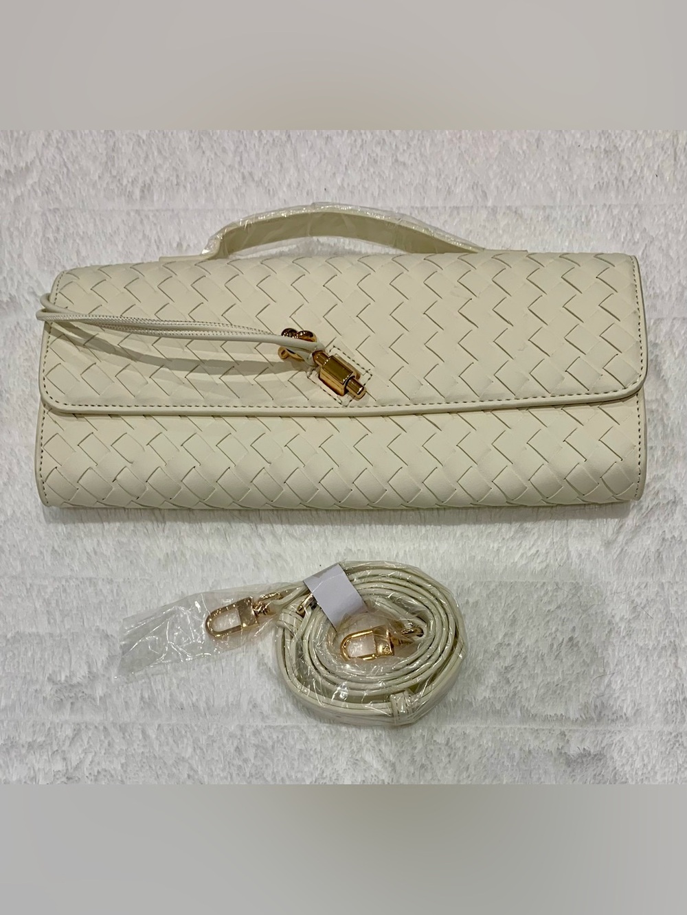 Cream Intrecciato Woven Evening Clutch with Crossbody Strap